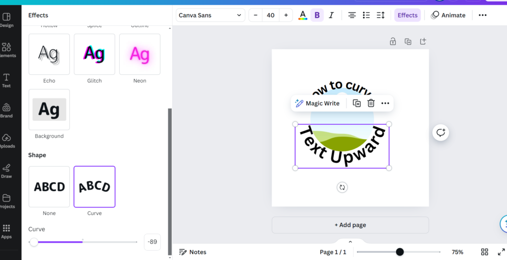 how to curve text upward in canva